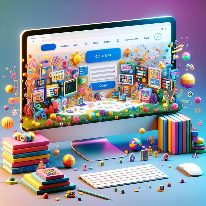 Colorful children's website on a computer screen with coding books.