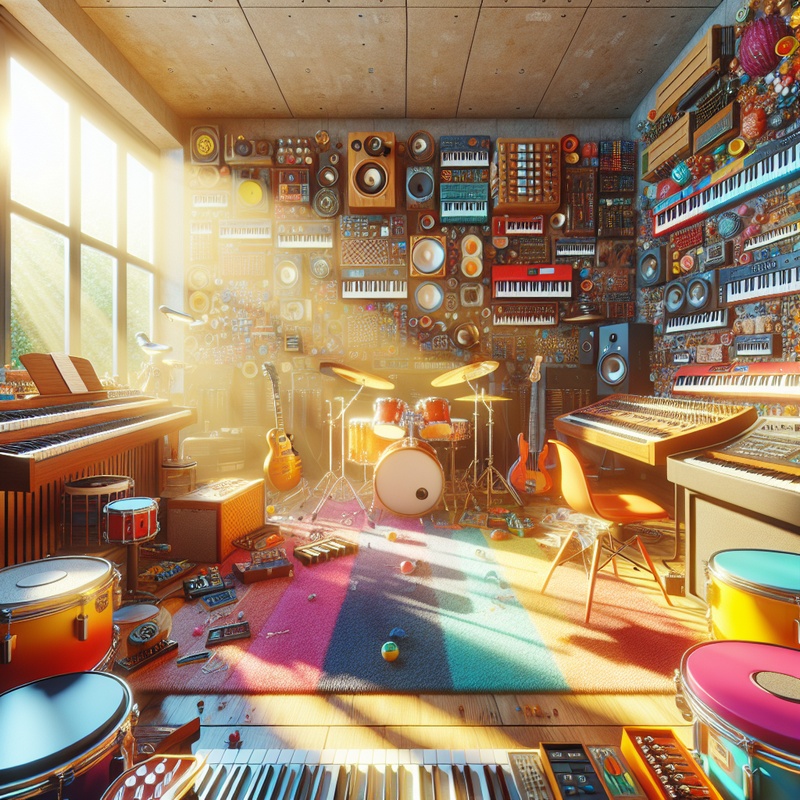 A music room with diverse instruments and natural lighting.