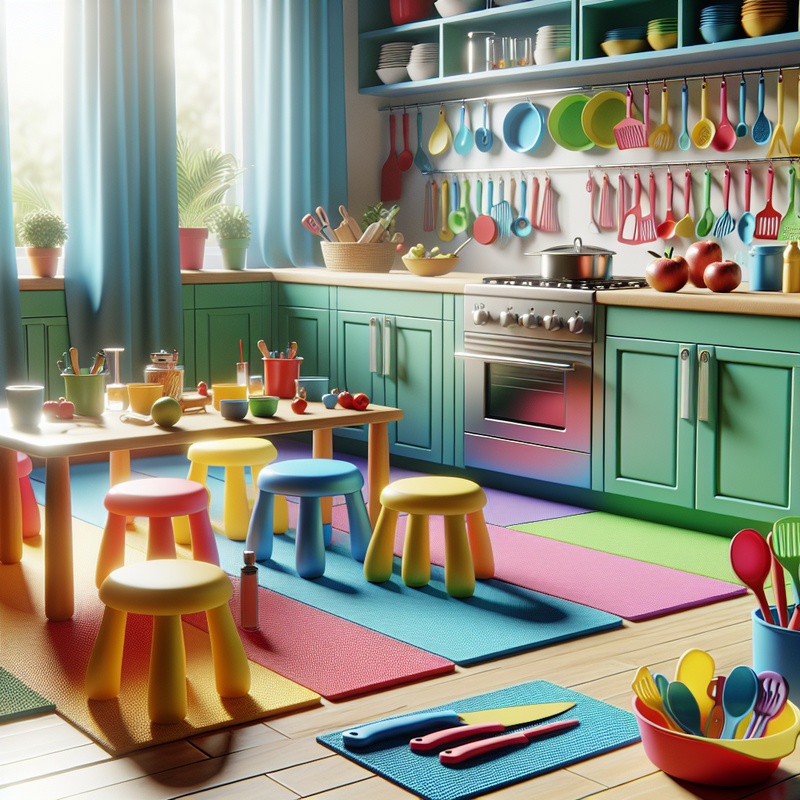 A colorful, safe kitchen setup for kids with child-friendly tools and mats.