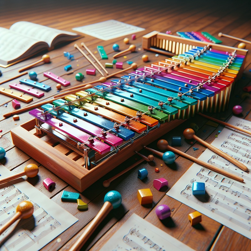 Colorful xylophone with music sheets and an open music book on a table.