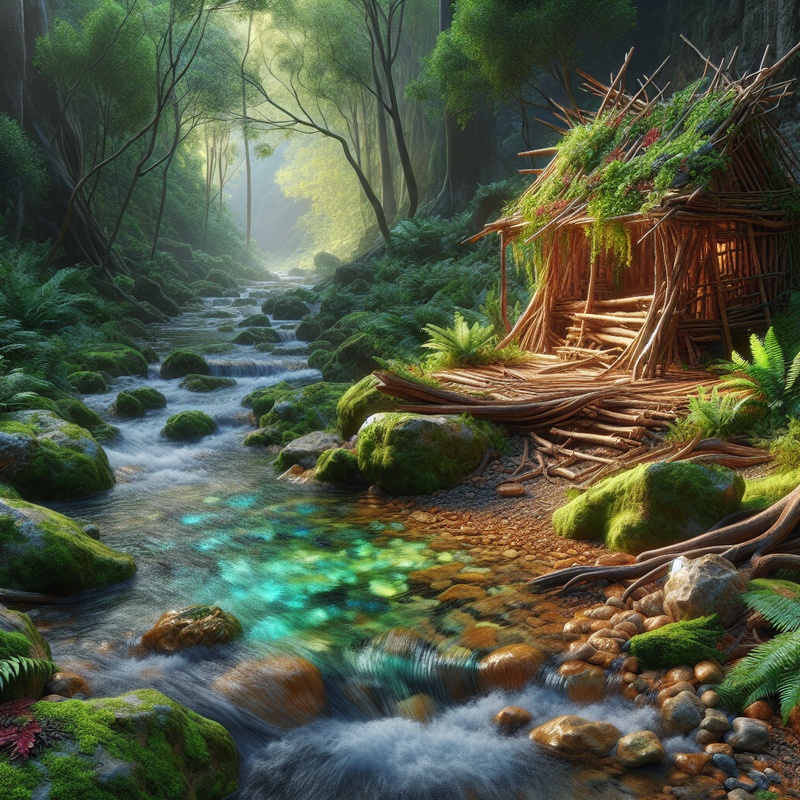 Forest with a makeshift shelter and a stream.