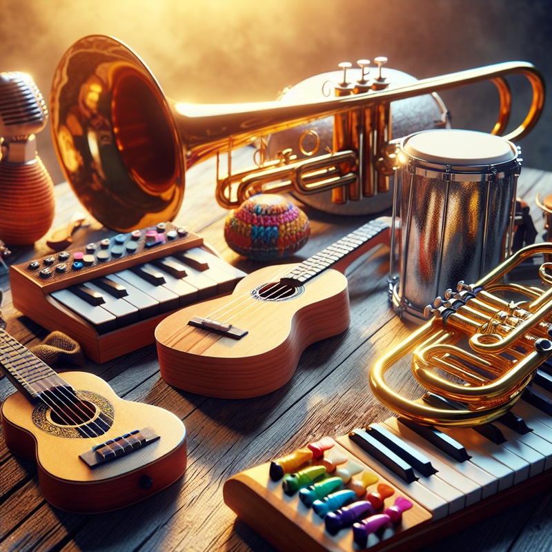 Various musical instruments like recorder, ukulele, trumpet, violin, snare drum, keyboard, and clarinet on a table.