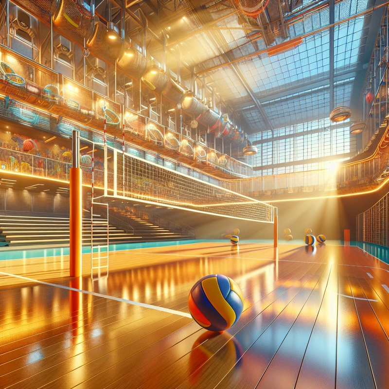Indoor volleyball court with colorful equipment and polished wooden floors.