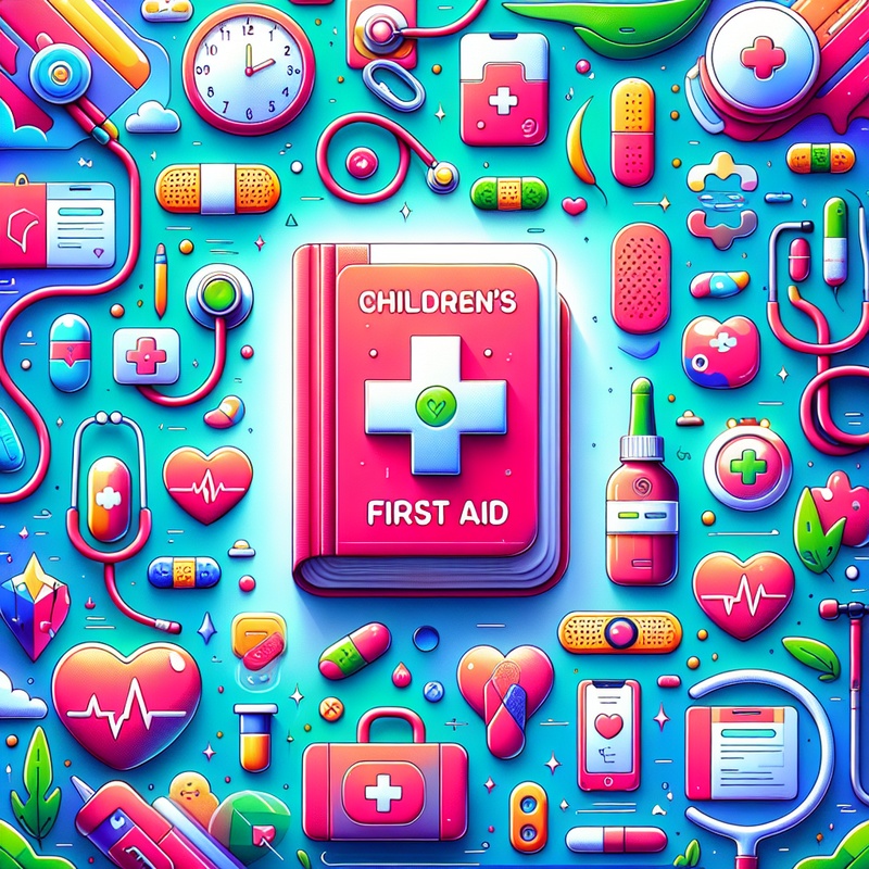 Illustration of a children's first aid book with medical icons.
