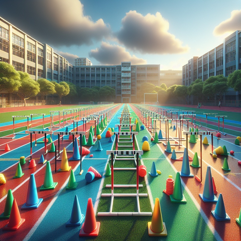 A school field with cones, hurdles, and tracks for children's games.