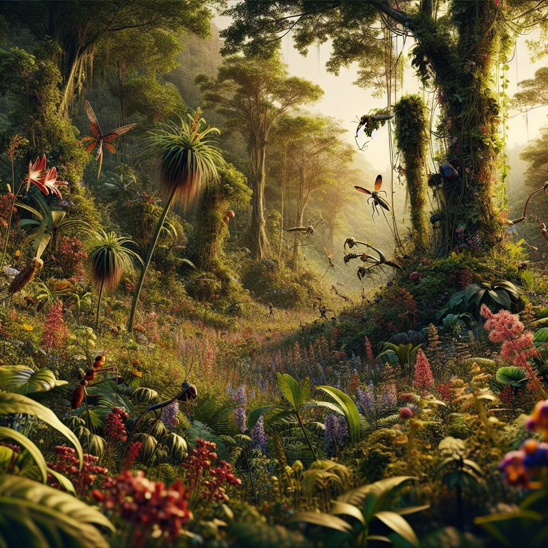 A vibrant forest with various plants and insects in natural light.