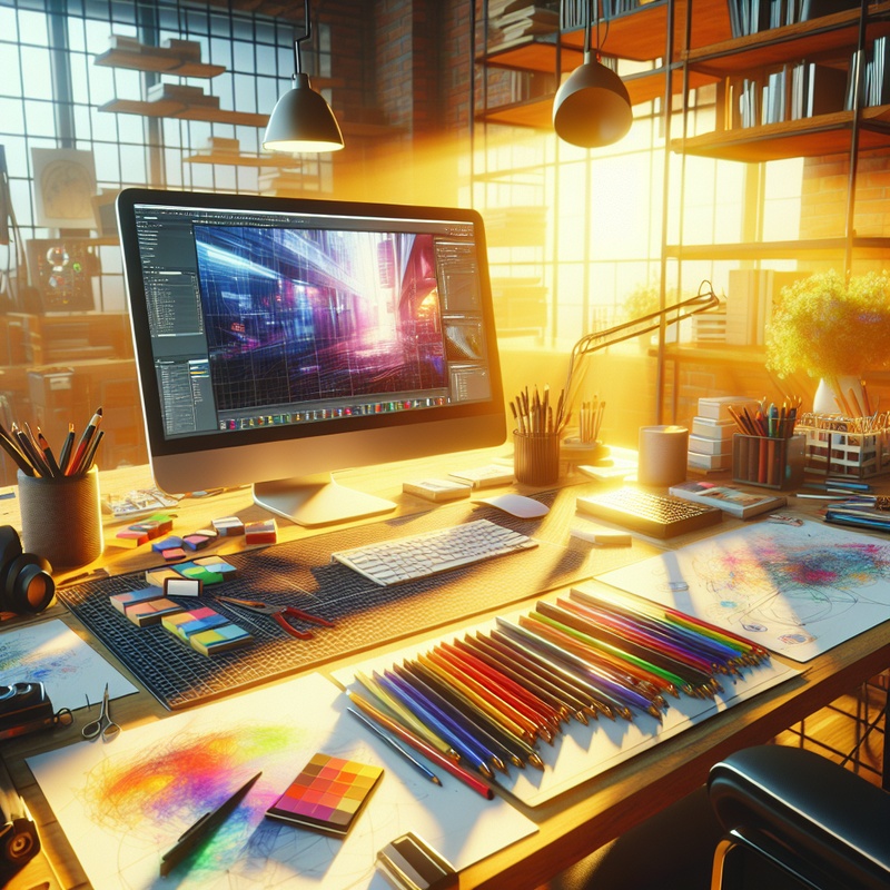 A creative workspace with a computer and colorful sketches for game design.