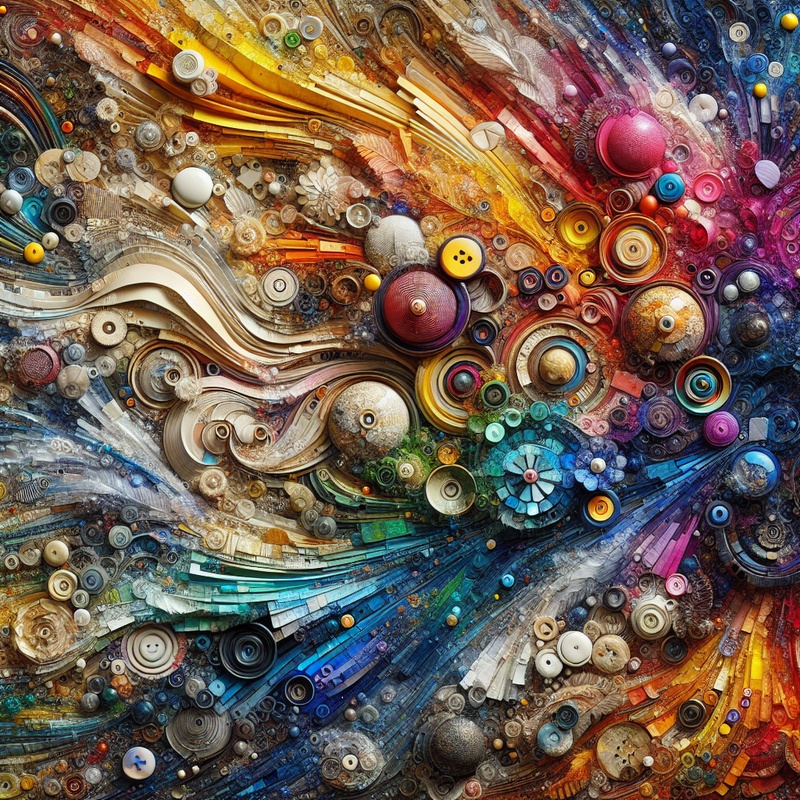 A colorful collage with paper, fabric, and buttons, showcasing layers and textures.