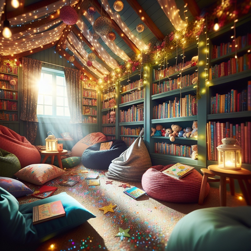 A cozy reading area with bean bags and fairy lights, decorated for a children's book club.