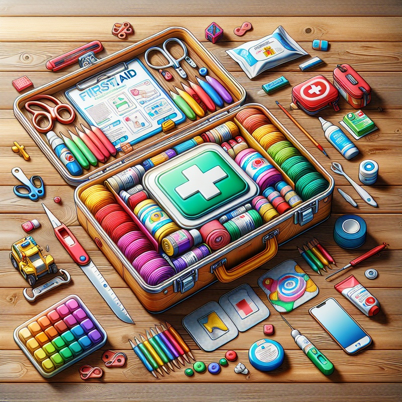 A first aid kit with colorful supplies on a table.