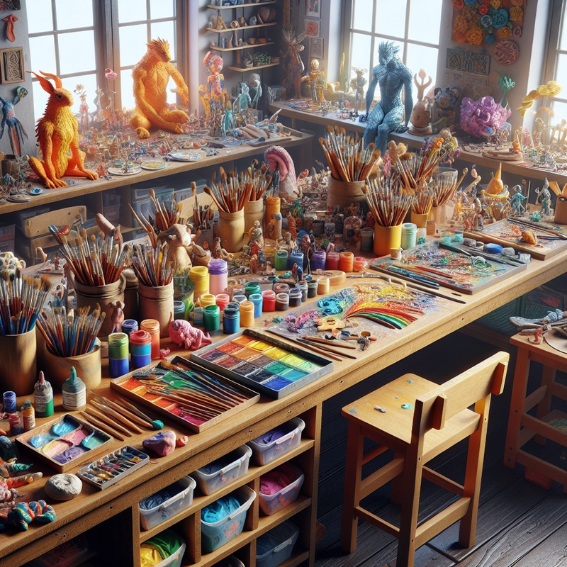 Art workspace with clay, paintbrushes, and paper mache supplies on a table.