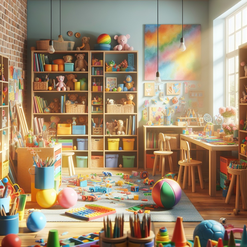 A playroom with educational toys and art supplies in natural light.