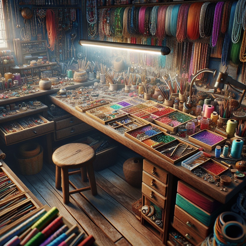 A jewelry making workspace with colorful beads and tools on a wooden table.