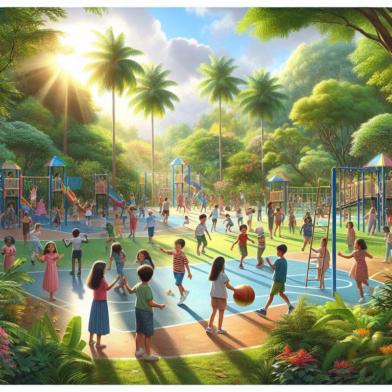 A playground with children playing games, surrounded by greenery and sunlight.