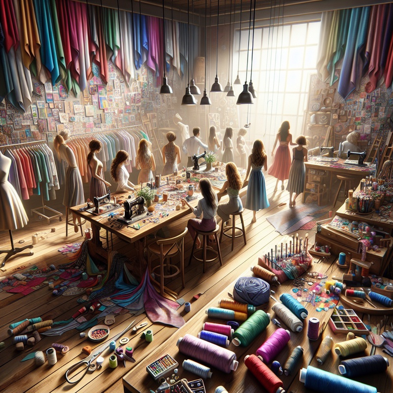 A sewing club setup with colorful fabric and sewing tools on a table.