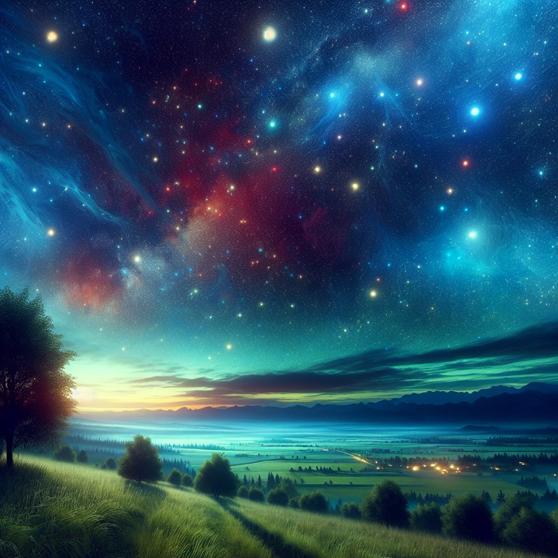 A clear night sky with bright stars and planets visible from a countryside location.