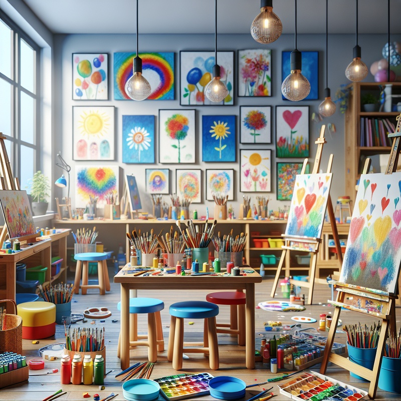 A colorful art space for children with paints, brushes, and easels.