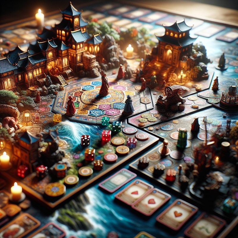 A colorful board game with pieces and cards on a table.