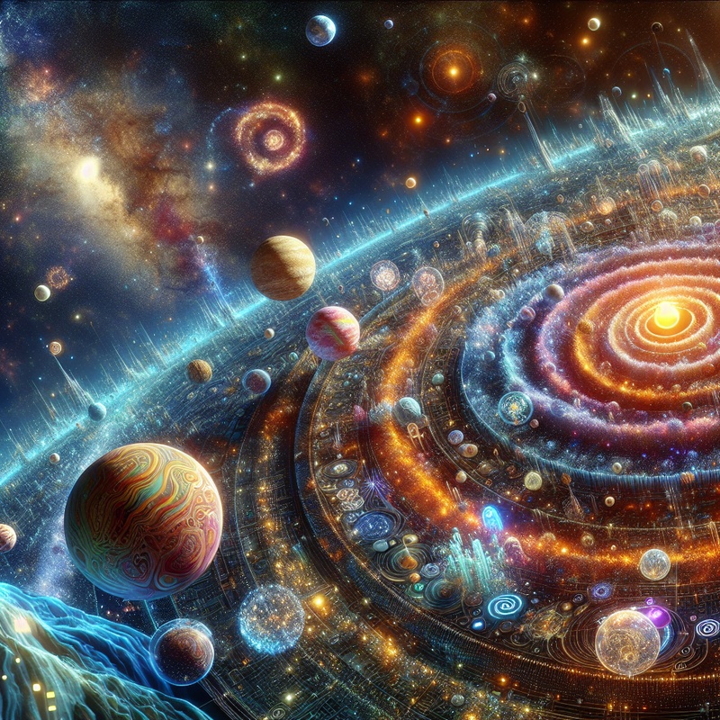 Colorful VR scene with celestial bodies and educational icons.