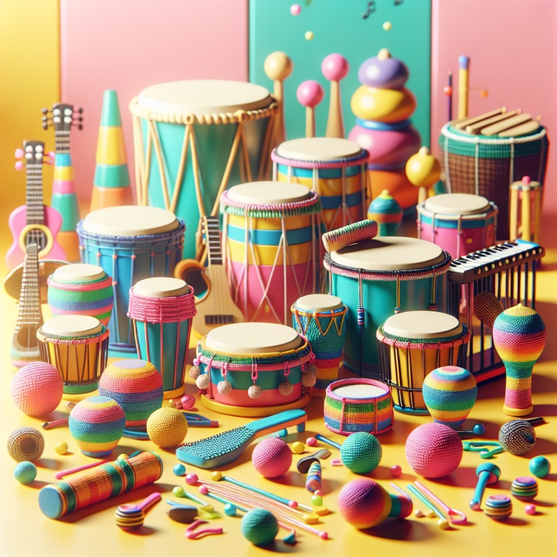 A collection of colorful homemade musical instruments like shakers and drums on a bright background.