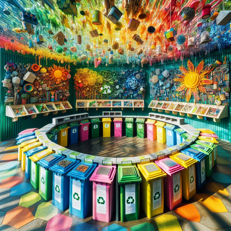 Colorful recycling station with crafts made from recycled items.