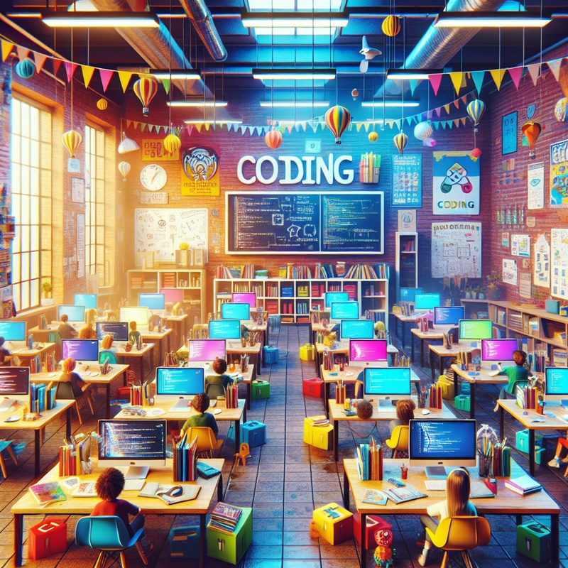 A classroom with computers and coding materials for kids.