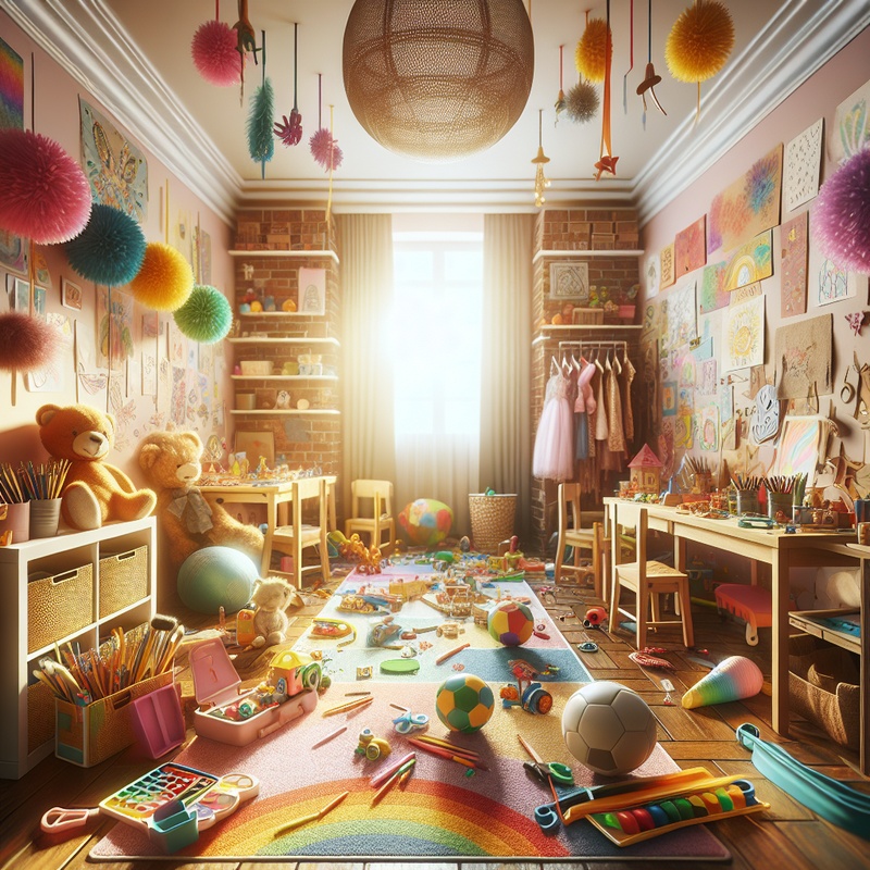 A bright playroom with toys, art supplies, and costumes in natural light.