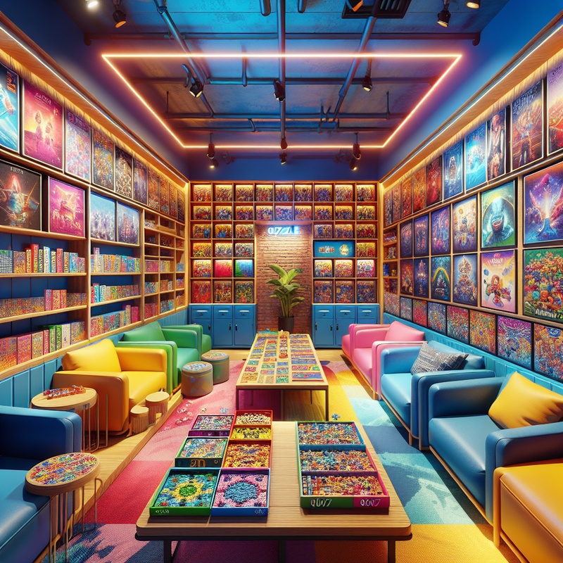 A room with puzzles on shelves, colorful posters, and comfortable seating.