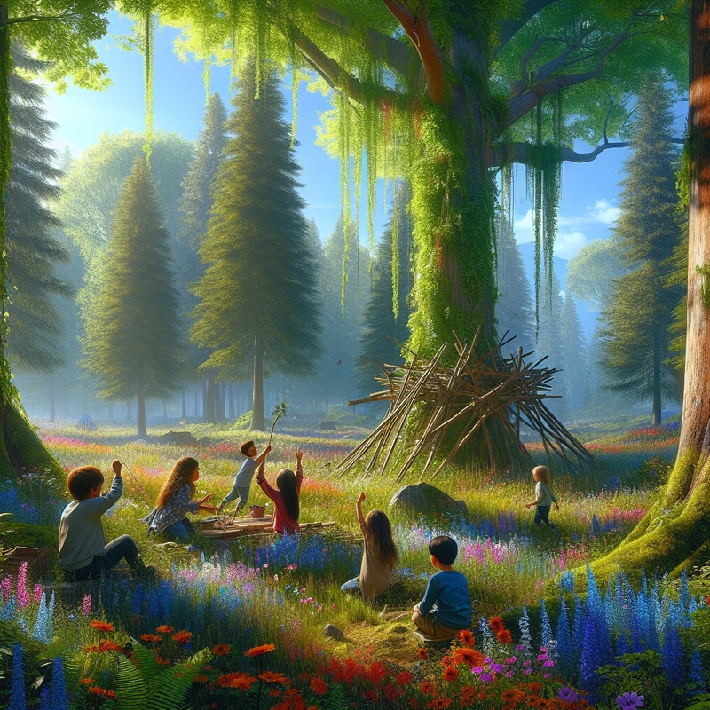 Children building a fort in a forest with wildflowers and tall trees.