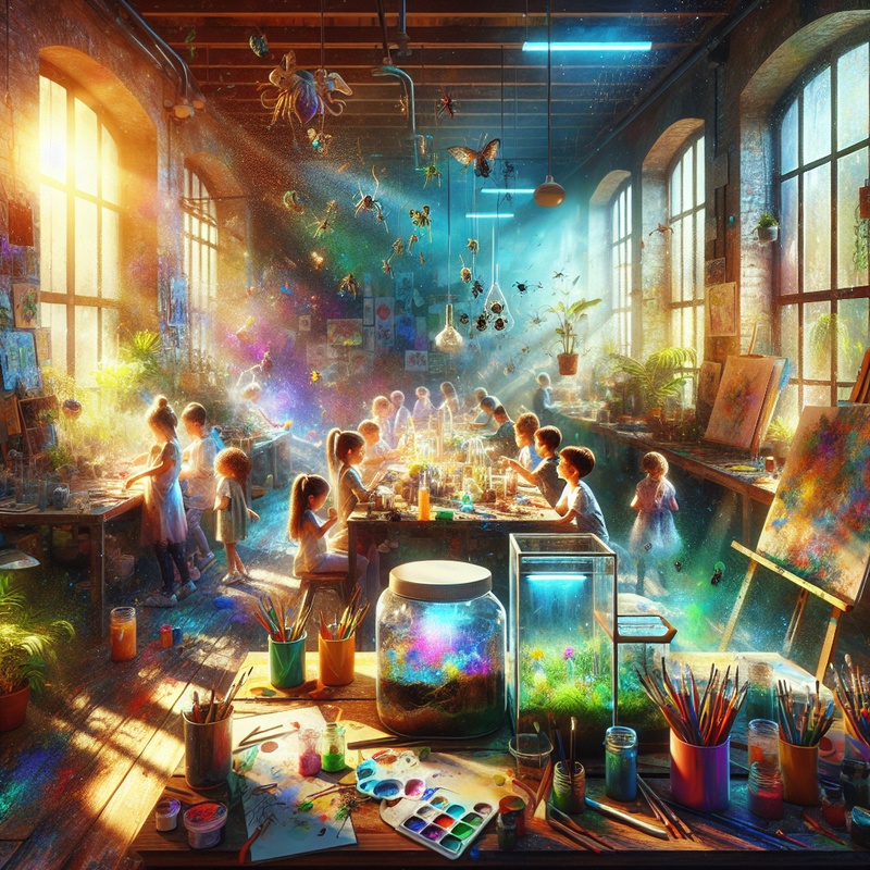 Children's club with science experiments, art supplies, and nature elements in a bright room.