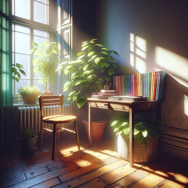 A peaceful journaling corner with a desk, journals, and a plant.