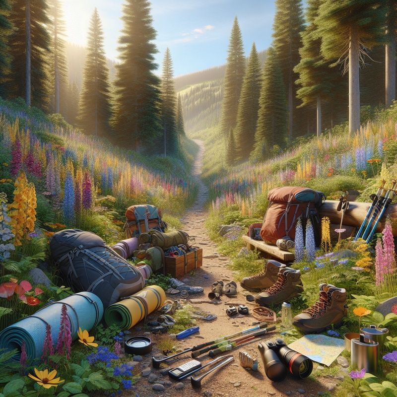 Forest trail with wildflowers, blue sky, and hiking gear.