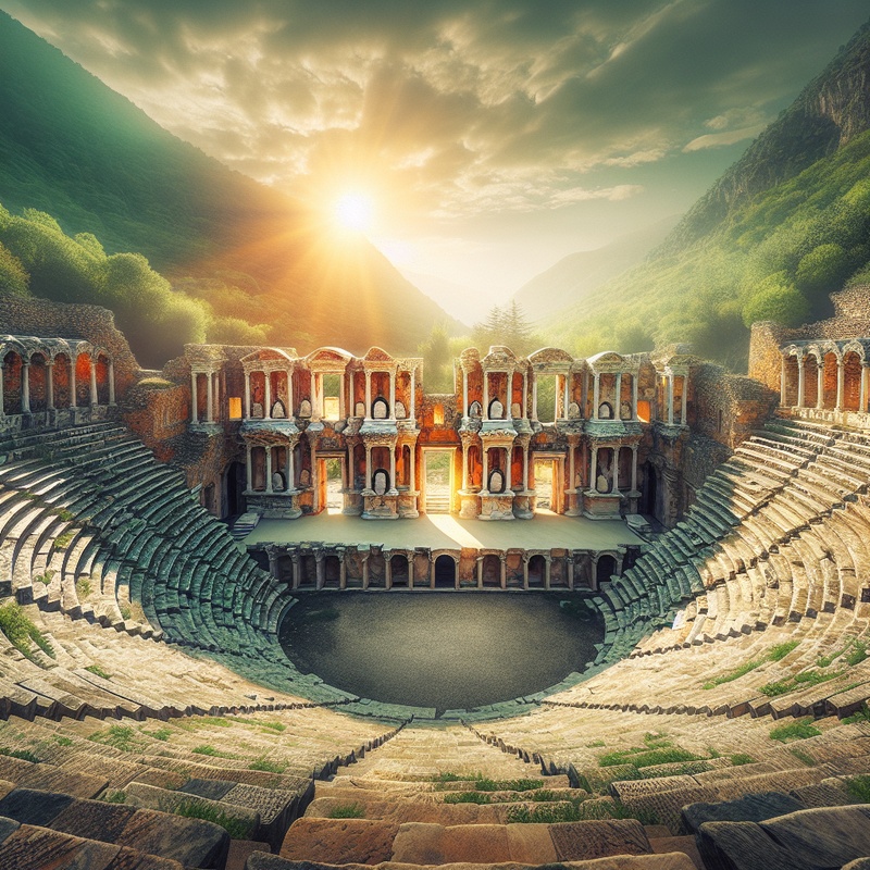 A detailed view of an ancient amphitheater with stone seating and greenery.