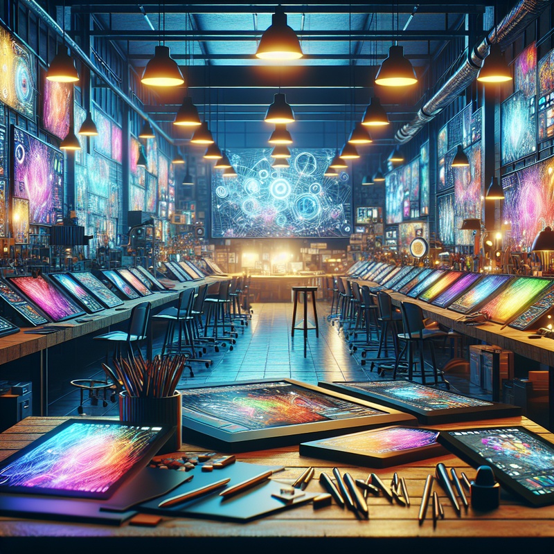 Digital art studio with colorful tablets and software interfaces.