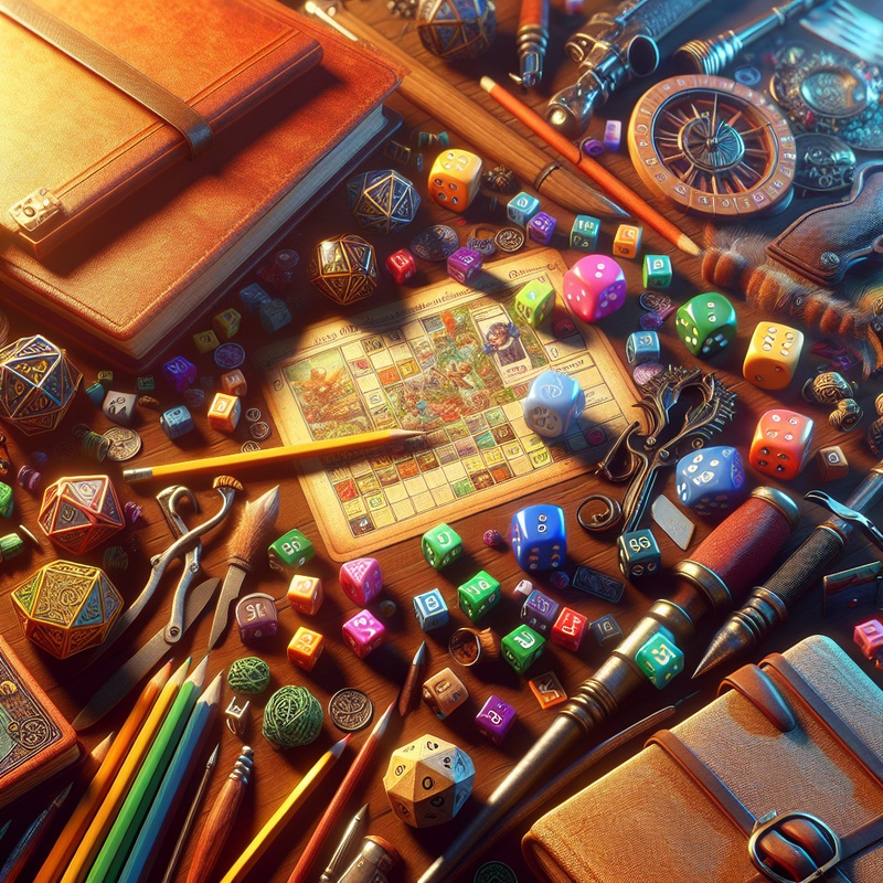 Tabletop with storytelling game cards, dice, and writing tools.