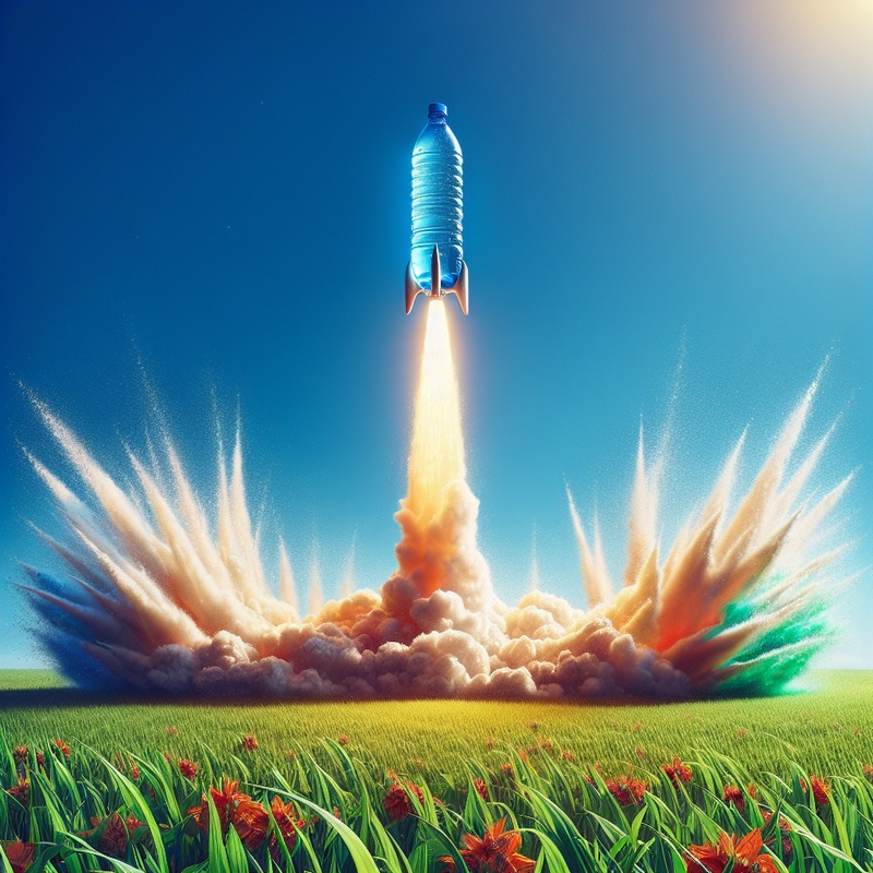 A water rocket made from a plastic bottle launching into a clear sky over green grass.