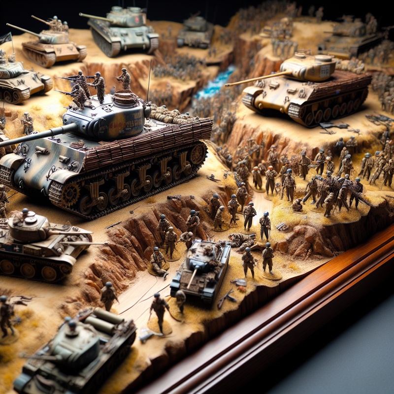 A World War II diorama with miniature tanks and soldiers on a textured base.