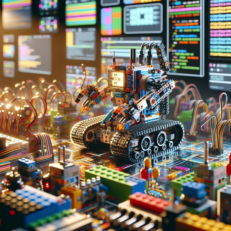 LEGO Mindstorms robot with electronic components and coding screens.