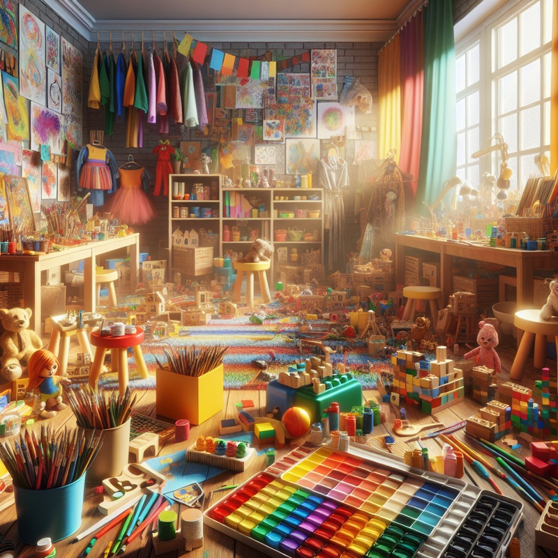 A colorful playroom with art supplies, blocks, costumes, and puzzles.