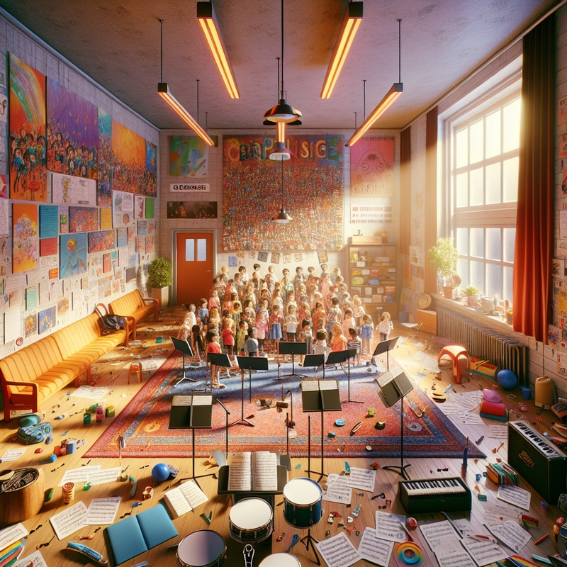 A lively children's choir rehearsal room with music notes and instruments.