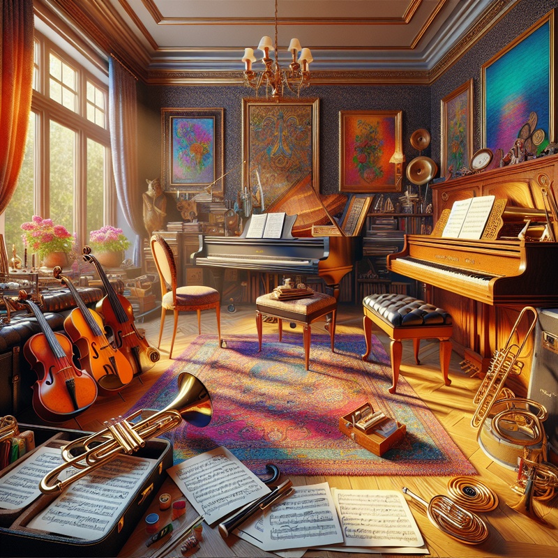 A music room with instruments and sheet music in natural light.