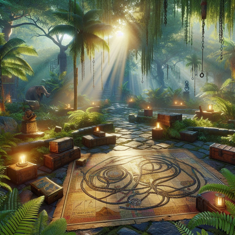 A colorful park with historical scavenger hunt items like maps and artifacts.