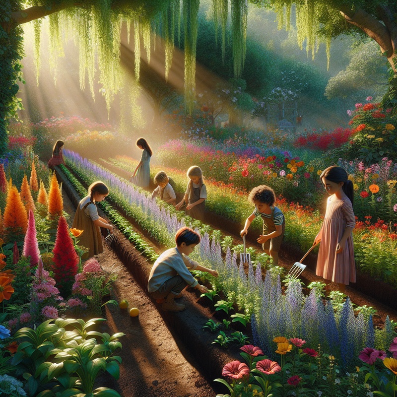 Children planting seeds in a colorful garden with flowers and greenery.