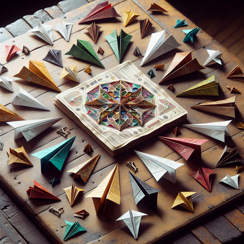 Different paper airplane models on a table with colorful paper and instructions.