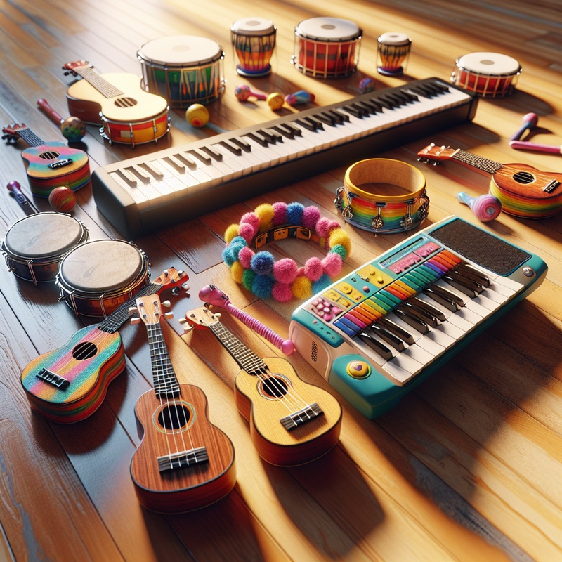 Various children's musical instruments like ukuleles and tambourines on a sunlit wooden floor.