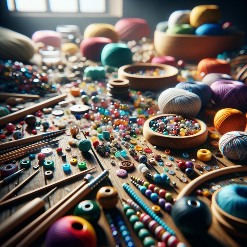 Colorful jewelry-making materials on a wooden table.