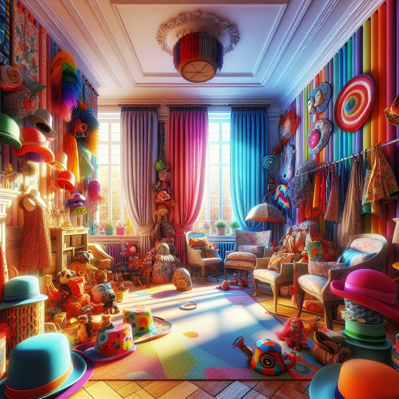 A room with colorful props for a kids' improvisation workshop.