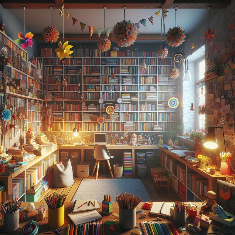 A room with books, writing tools, and creative decor for young writers.