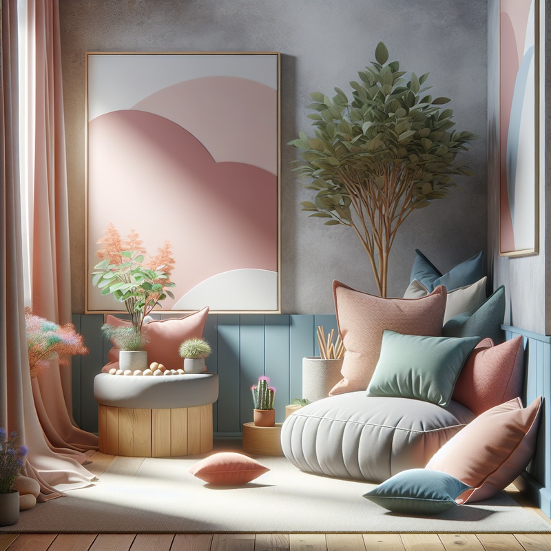 A peaceful corner with cushions, soft colors, a plant, and warm lighting.