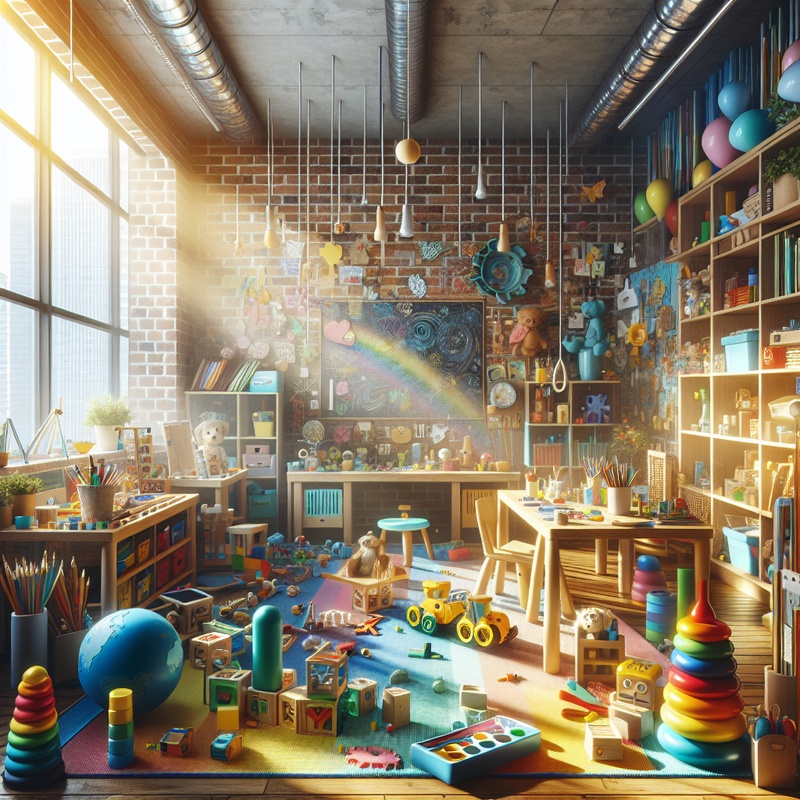 A playroom with educational toys and art supplies in natural light.